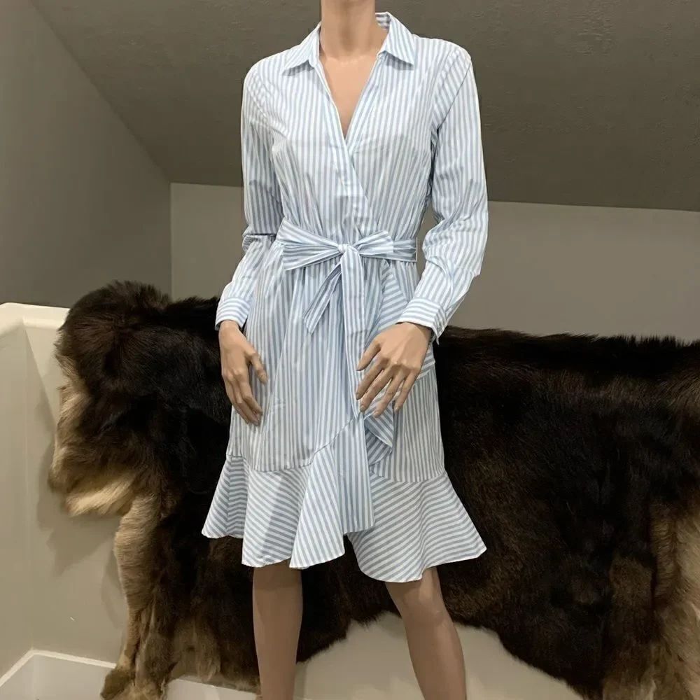 Calvin Klein Long Sleeves Striped & Belted Ruffle Hem Dress